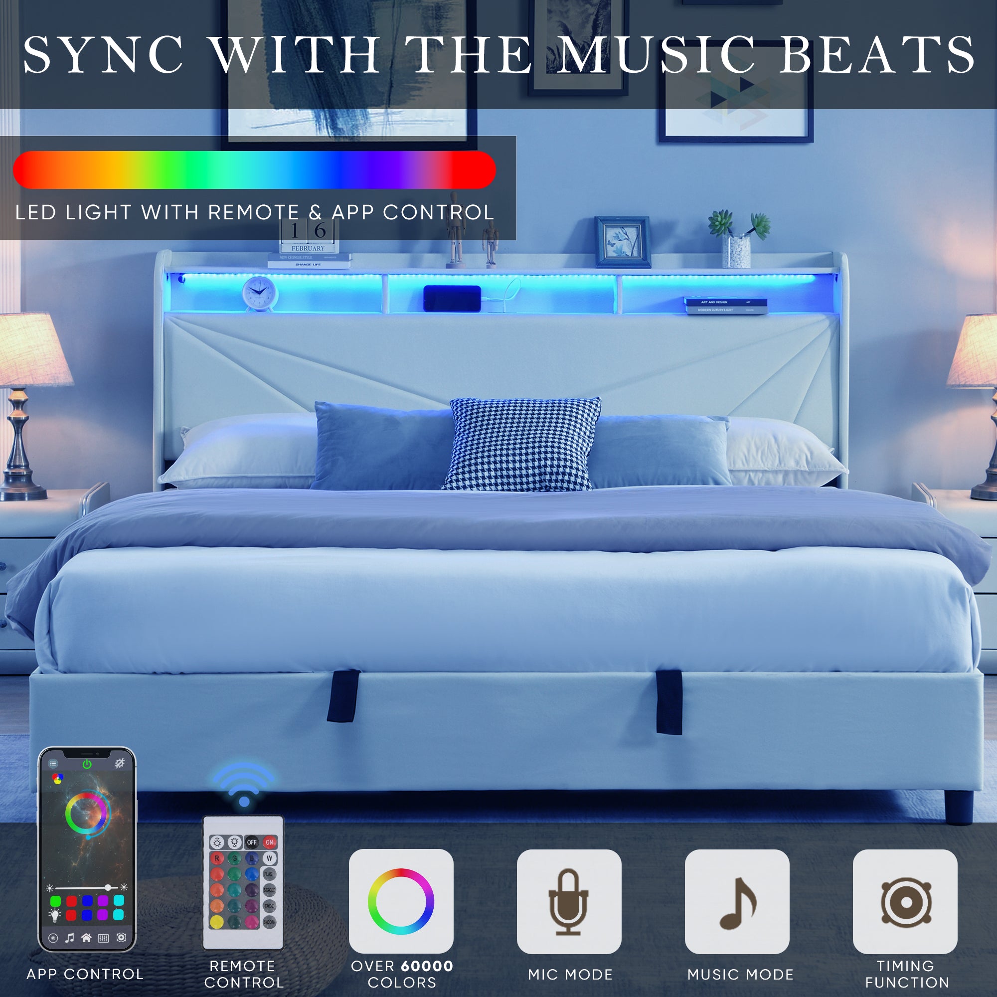 Gas Lift Bed Frame with LED Lights and Charging Station, Modern Upholstery Bed Storage Headboard (Without mattress)