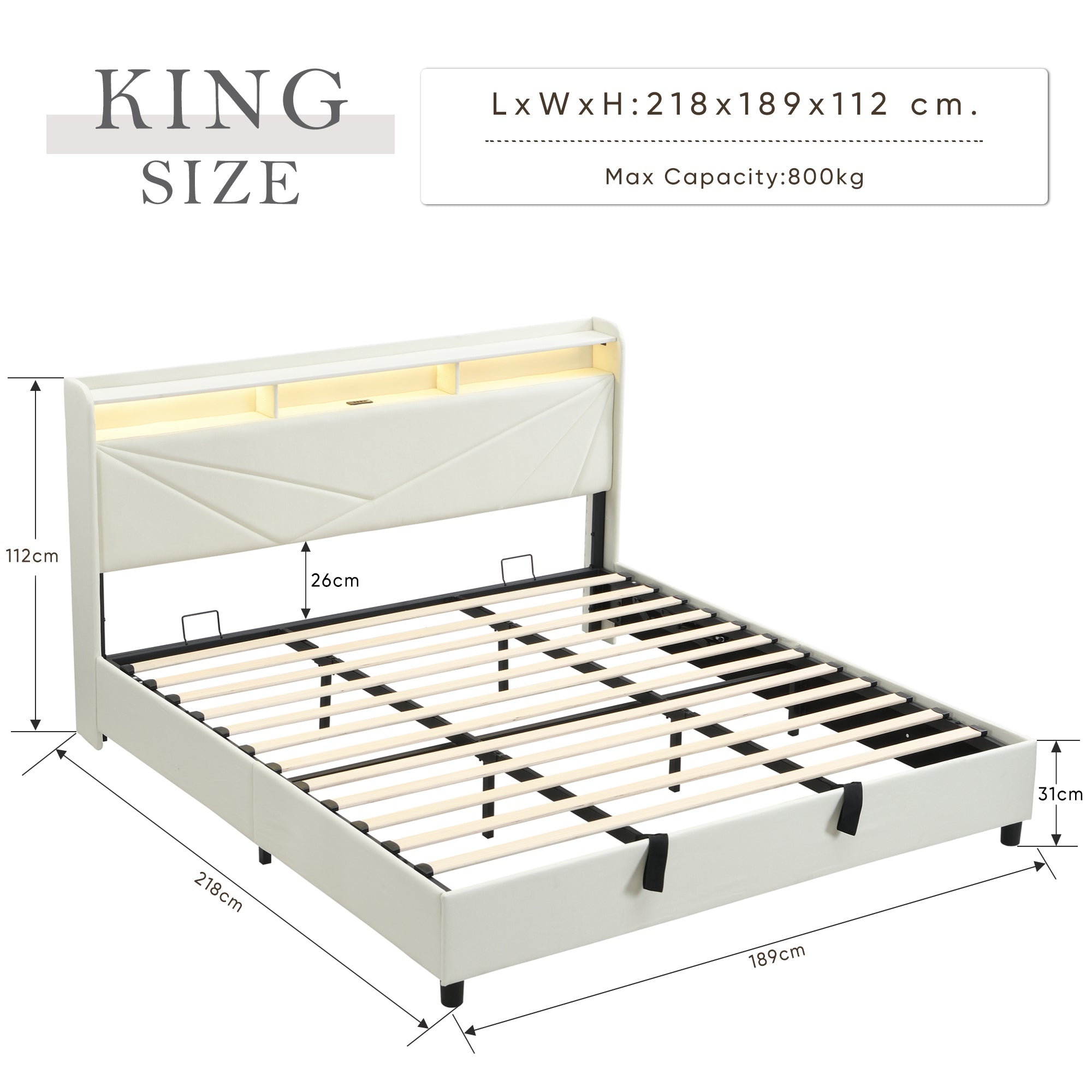Gas Lift Bed Frame with LED Lights and Charging Station, Modern Upholstery Bed Storage Headboard (Without mattress)