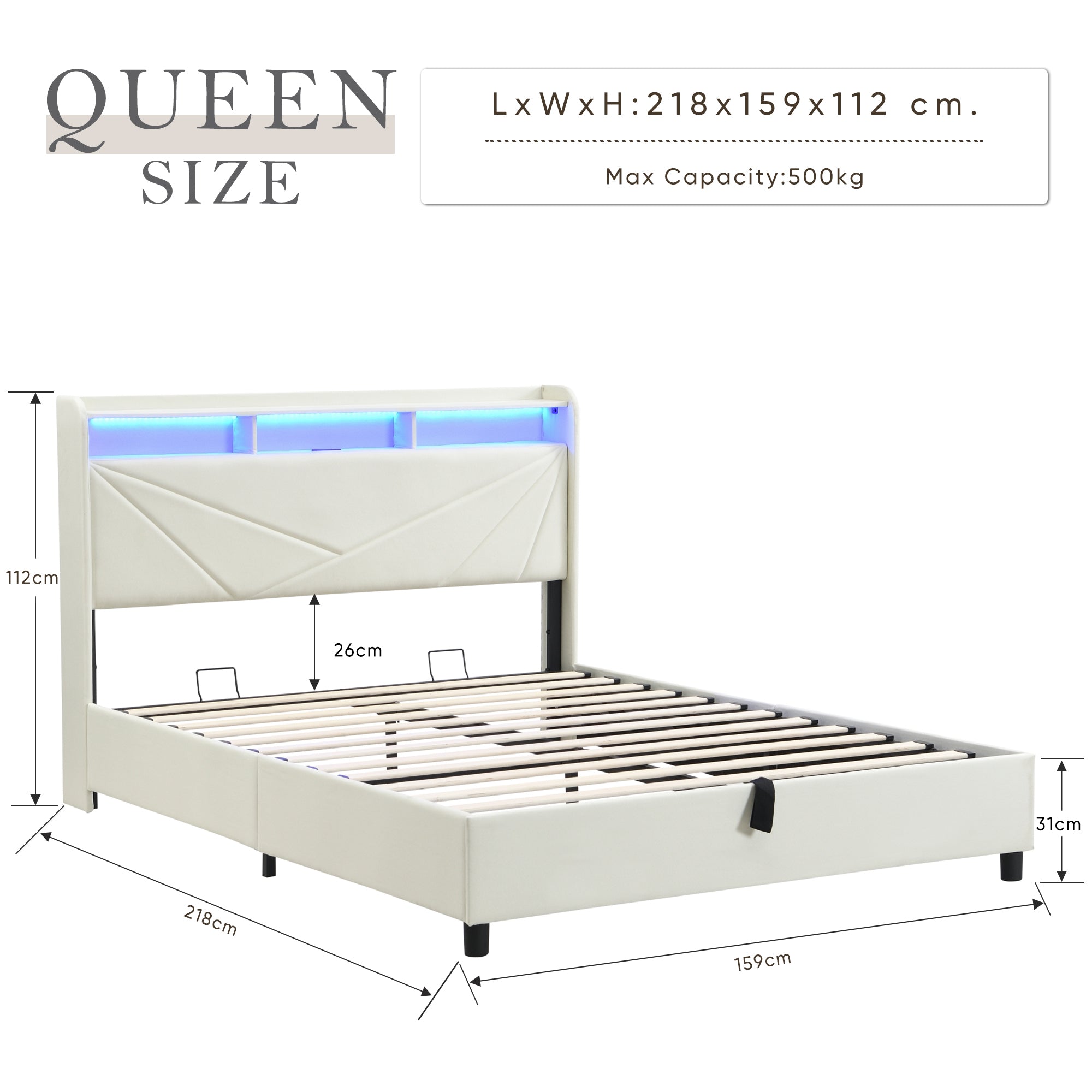Gas Lift Bed Frame with LED Lights and Charging Station, Modern Upholstery Bed Storage Headboard (Without mattress)