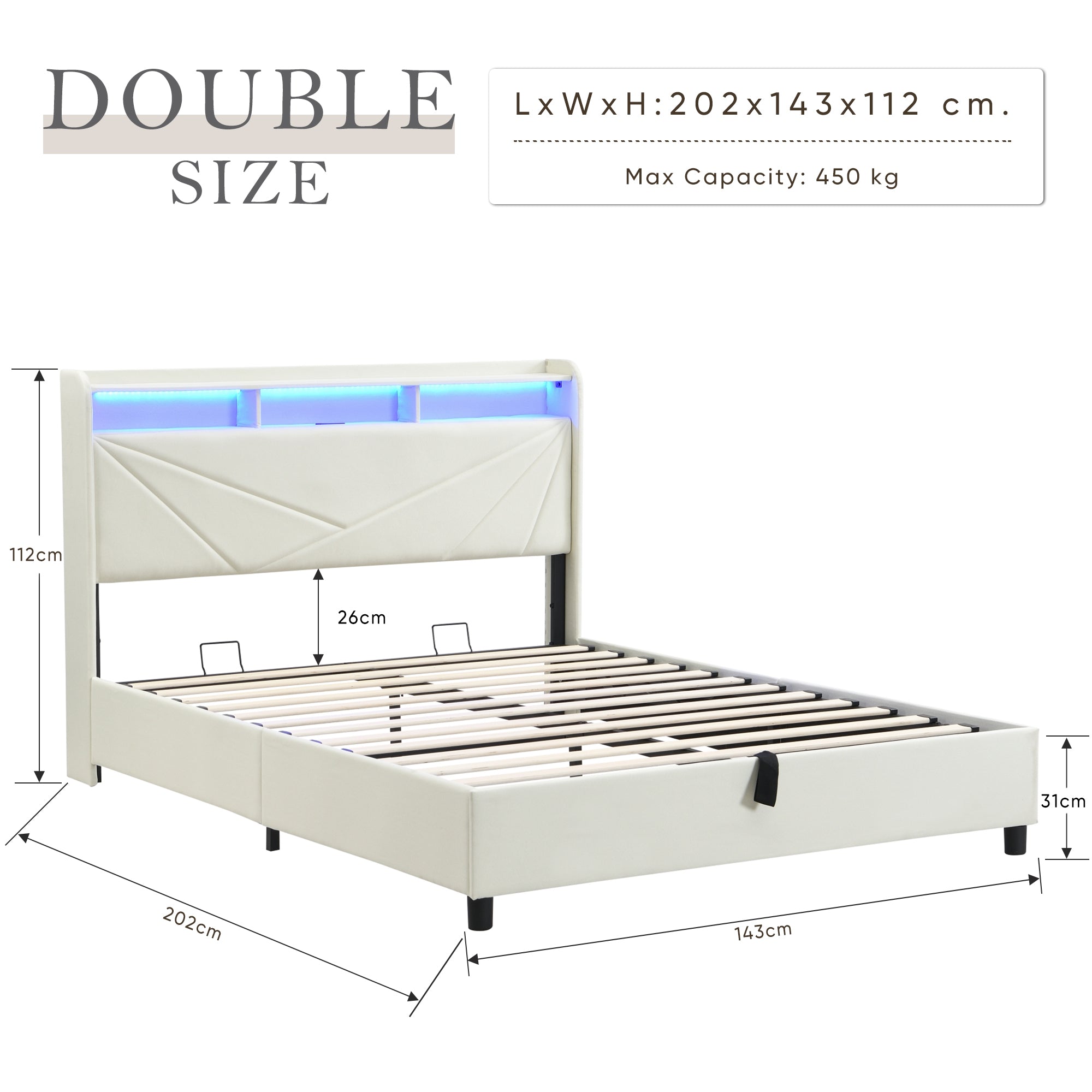 Gas Lift Bed Frame with LED Lights and Charging Station, Modern Upholstery Bed Storage Headboard (Without mattress)
