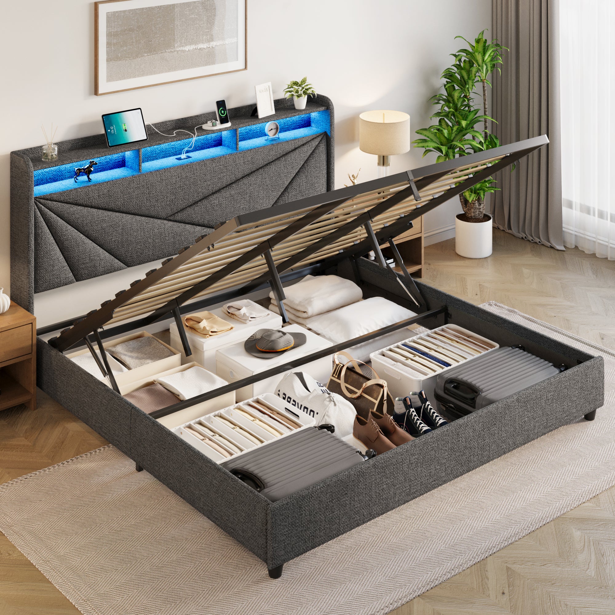 Gas Lift Bed Frame with LED Lights and Charging Station, Modern Upholstery Bed Storage Headboard (Without mattress)