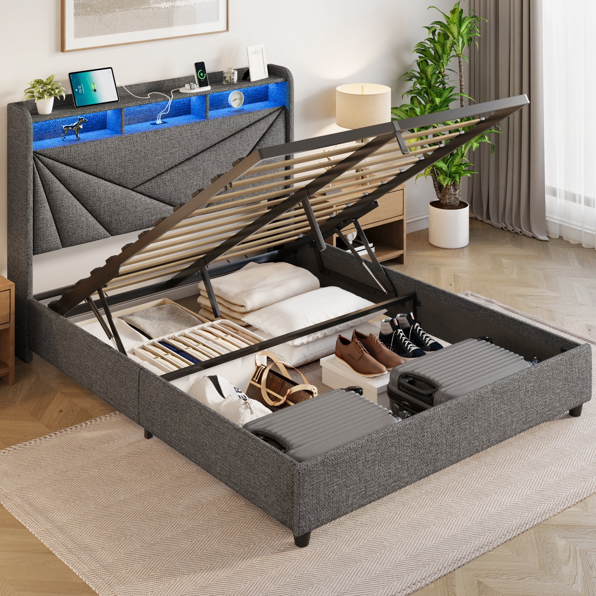 Gas Lift Bed Frame with LED Lights and Charging Station, Modern Upholstery Bed Storage Headboard (Without mattress)
