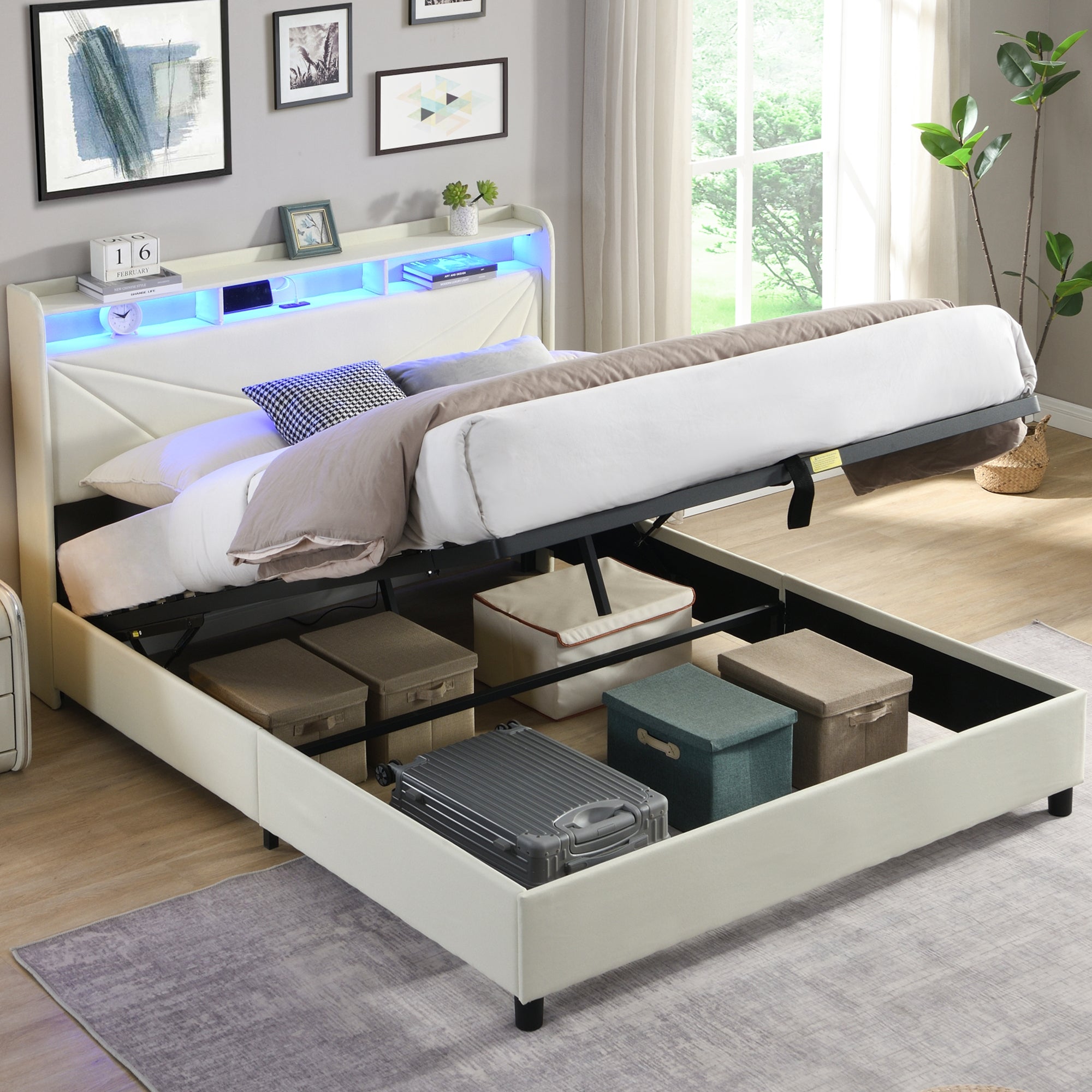 Gas Lift Bed Frame with LED Lights and Charging Station, Modern Upholstery Bed Storage Headboard (Without mattress)