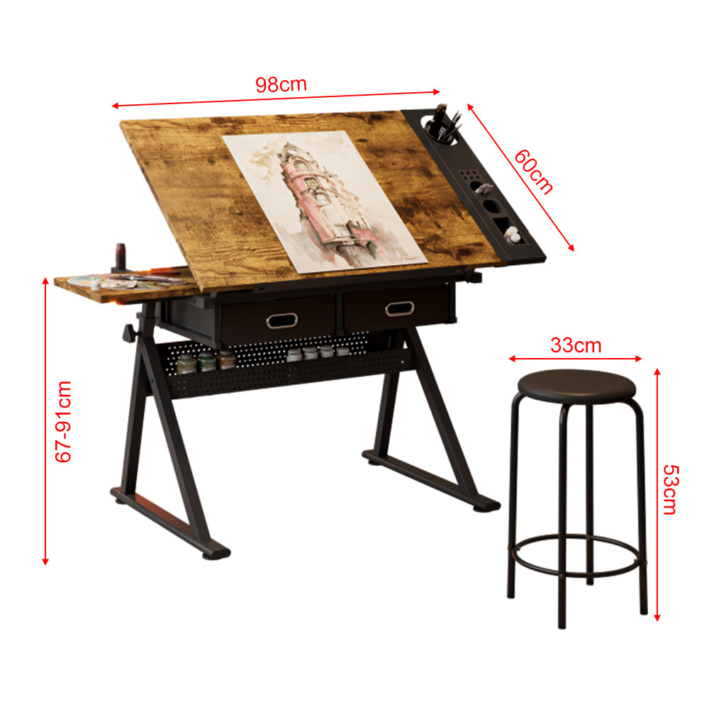 Adjustable drafting table with 2 drawers for home office and school