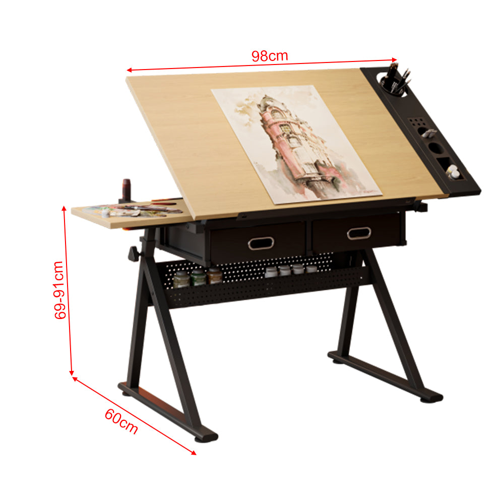 Adjustable drafting table with 2 drawers for home office and school