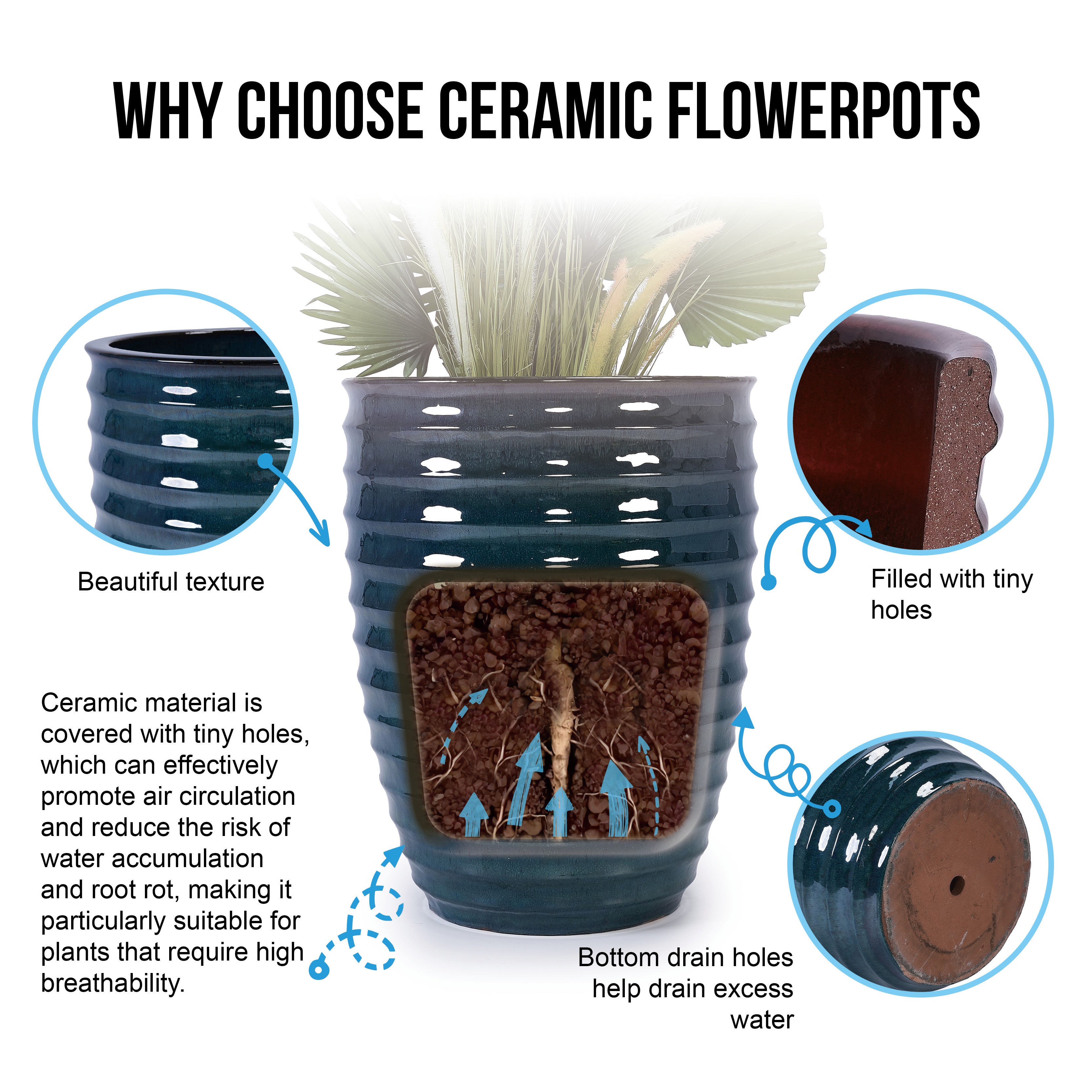 Ceramic Flowerpot, Modern Planter for Patio, Garden, Windowsill - Army Green