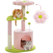 32-inch floral-themed cat tree featuring sisal-wrapped scratching posts, a cosy cat bed, plush perches and a plush toy ball. Designed for indoor cats. Pink version.