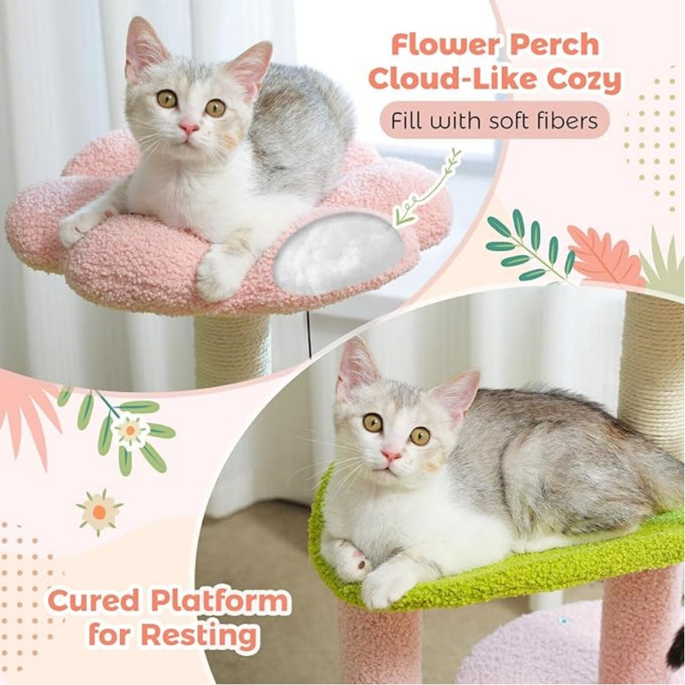 32-inch floral-themed cat tree featuring sisal-wrapped scratching posts, a cosy cat bed, plush perches and a plush toy ball. Designed for indoor cats. Pink version.