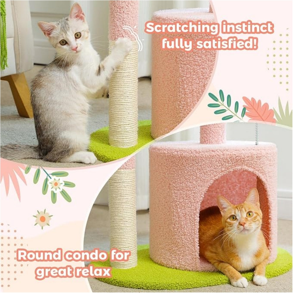 32-inch floral-themed cat tree featuring sisal-wrapped scratching posts, a cosy cat bed, plush perches and a plush toy ball. Designed for indoor cats. Pink version.