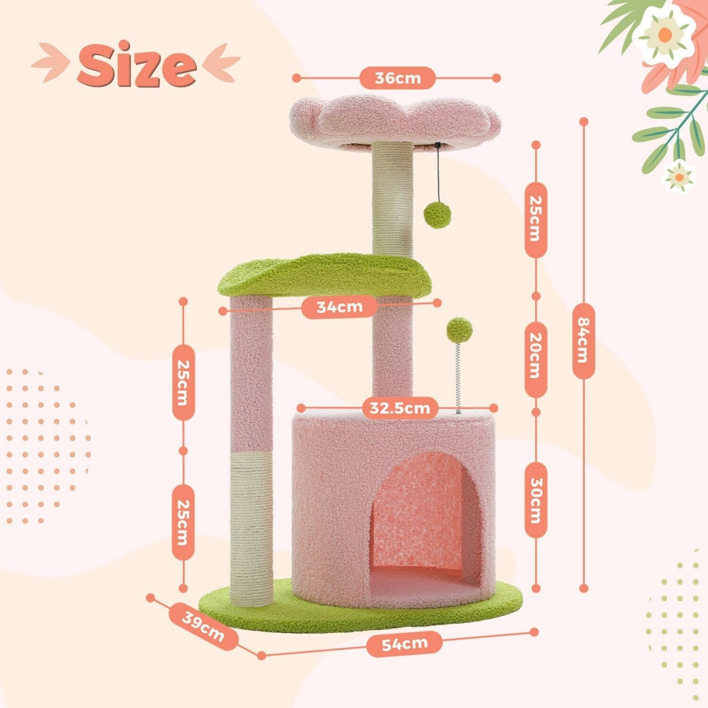 32-inch floral-themed cat tree featuring sisal-wrapped scratching posts, a cosy cat bed, plush perches and a plush toy ball. Designed for indoor cats. Pink version.