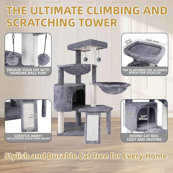 Cat Tree Tower with Scratching Posts,Activity Centre Climbing Tree Furniture with Cat Condo and Two Hammocks,Grey