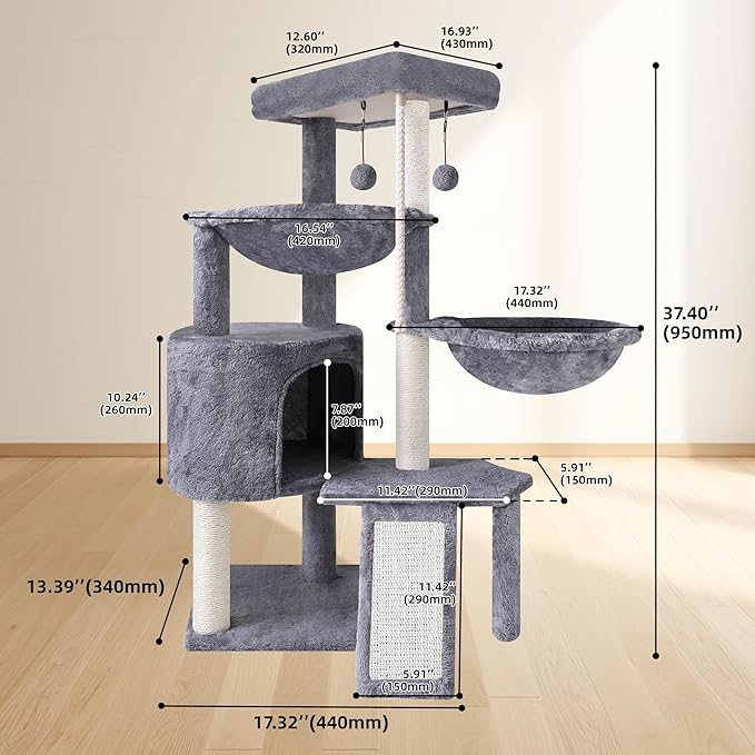 Cat Tree Tower with Scratching Posts,Activity Centre Climbing Tree Furniture with Cat Condo and Two Hammocks,Grey