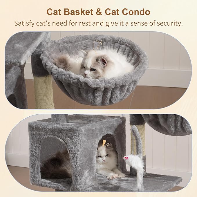 110cm Cat Tree with Toy, Cat Tower for Indoor Cats, Cat Play Tower with Padded Plush Perch, Cozy Hammock and Sisal Scratching Posts, Multi-Level House for Kittens, Light Gray