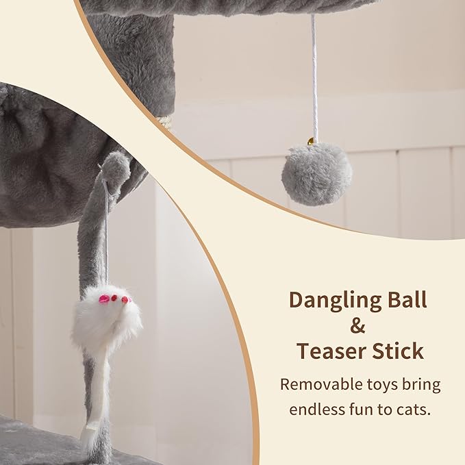 110cm Cat Tree with Toy, Cat Tower for Indoor Cats, Cat Play Tower with Padded Plush Perch, Cozy Hammock and Sisal Scratching Posts, Multi-Level House for Kittens, Light Gray