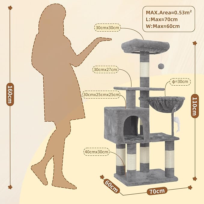 110cm Cat Tree with Toy, Cat Tower for Indoor Cats, Cat Play Tower with Padded Plush Perch, Cozy Hammock and Sisal Scratching Posts, Multi-Level House for Kittens, Light Gray