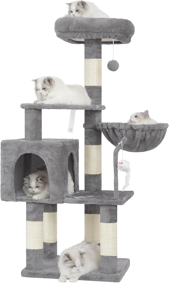 110cm Cat Tree with Toy, Cat Tower for Indoor Cats, Cat Play Tower with Padded Plush Perch, Cozy Hammock and Sisal Scratching Posts, Multi-Level House for Kittens, Light Gray