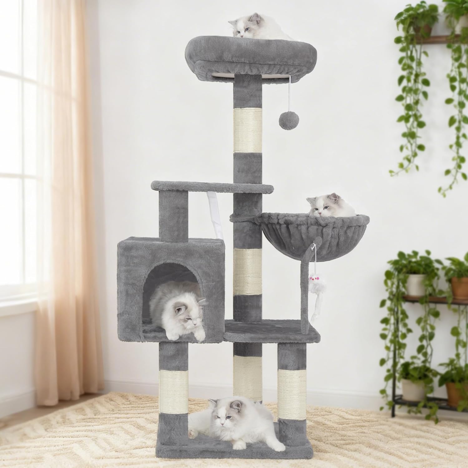 110cm Cat Tree with Toy, Cat Tower for Indoor Cats, Cat Play Tower with Padded Plush Perch, Cozy Hammock and Sisal Scratching Posts, Multi-Level House for Kittens, Light Gray