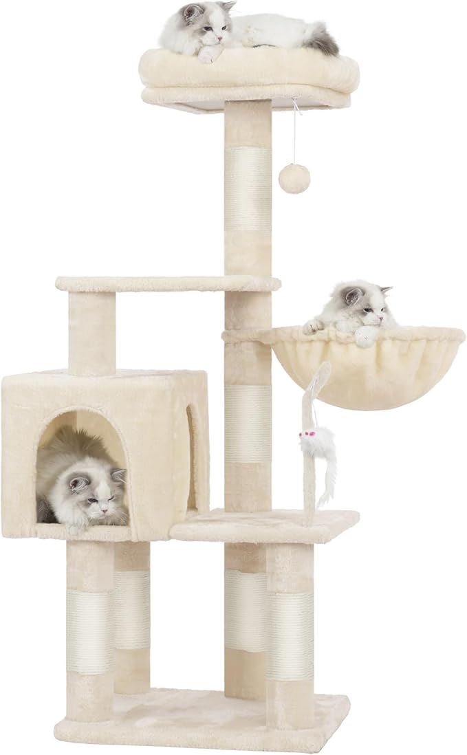 110cm Cat Tree with Toy, Cat Tower for Indoor Cats, Cat Play Tower with Padded Plush Perch, Cozy Hammock and Sisal Scratching Posts, Multi-Level House for Kittens, Light Gray