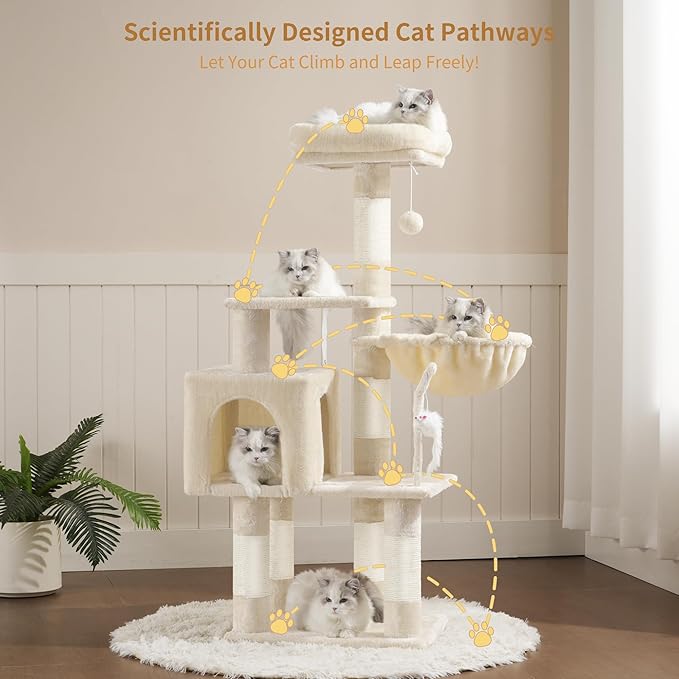110cm Cat Tree with Toy, Cat Tower for Indoor Cats, Cat Play Tower with Padded Plush Perch, Cozy Hammock and Sisal Scratching Posts, Multi-Level House for Kittens, Light Gray