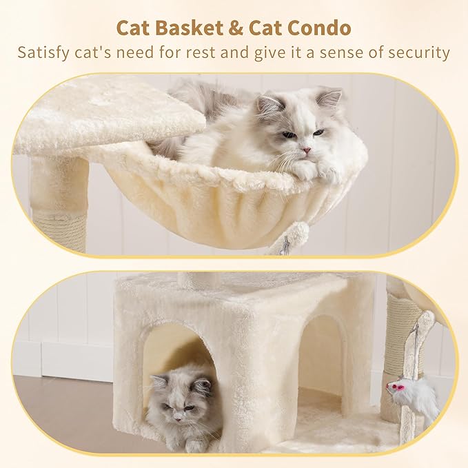 110cm Cat Tree with Toy, Cat Tower for Indoor Cats, Cat Play Tower with Padded Plush Perch, Cozy Hammock and Sisal Scratching Posts, Multi-Level House for Kittens, Light Gray