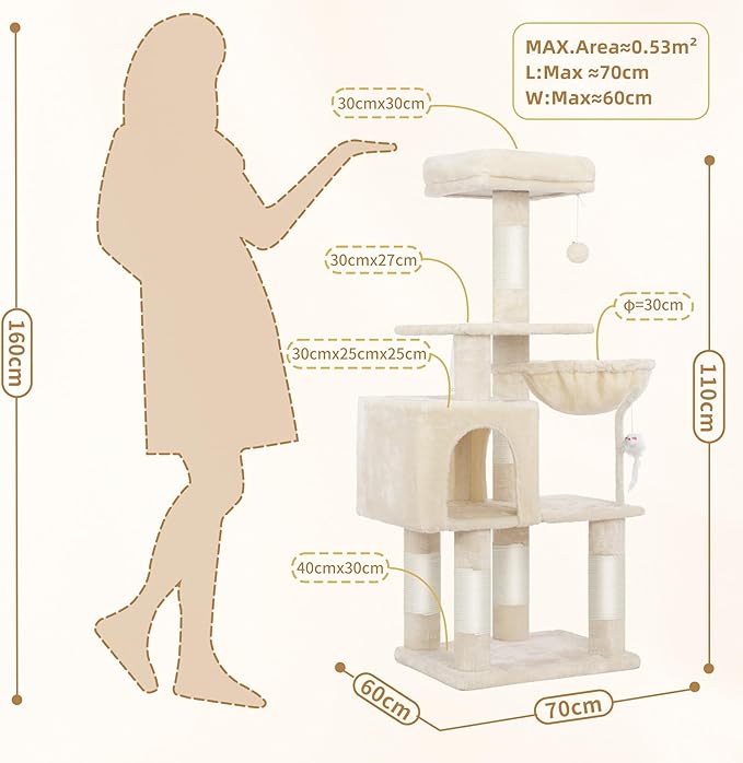 110cm Cat Tree with Toy, Cat Tower for Indoor Cats, Cat Play Tower with Padded Plush Perch, Cozy Hammock and Sisal Scratching Posts, Multi-Level House for Kittens, Light Gray