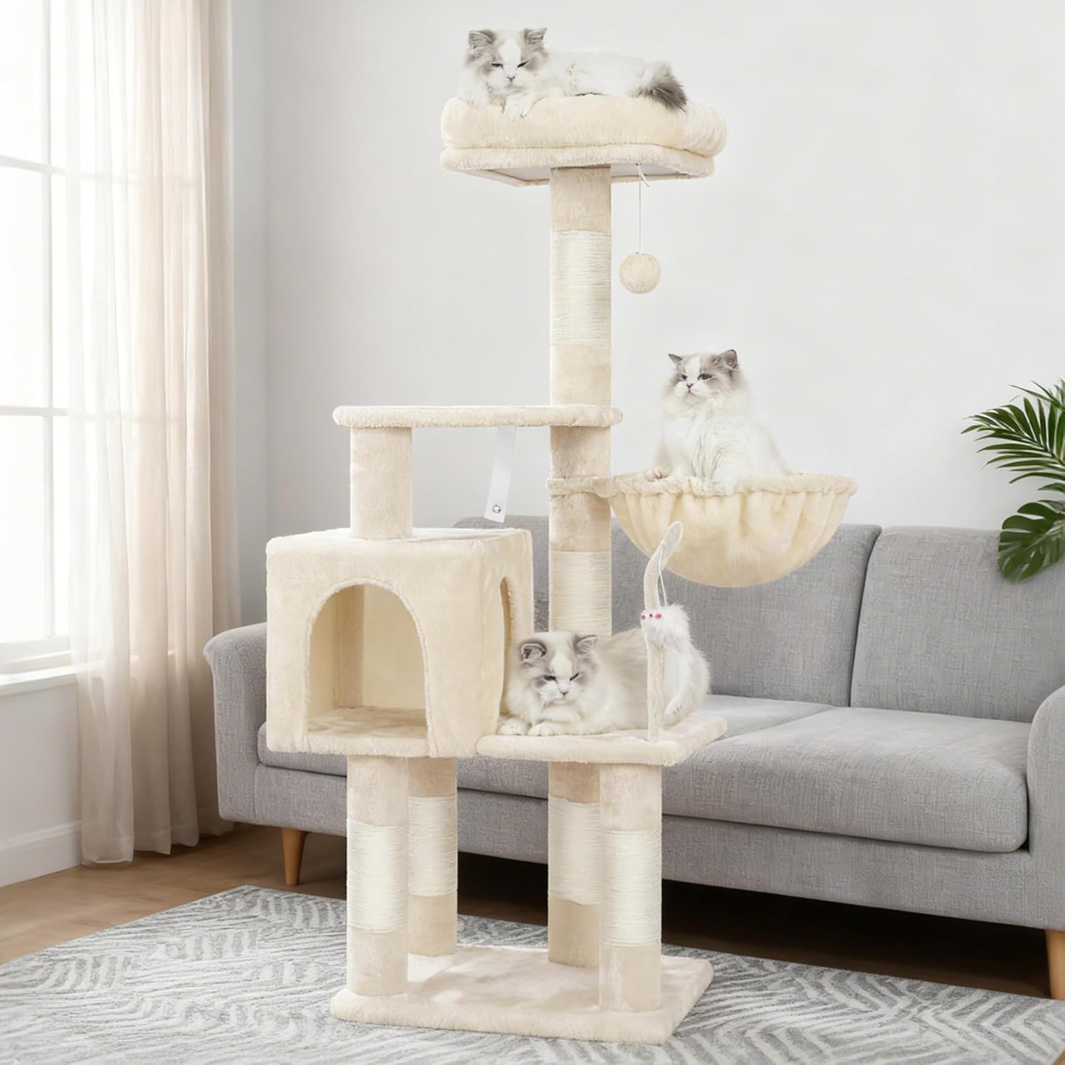 110cm Cat Tree with Toy, Cat Tower for Indoor Cats, Cat Play Tower with Padded Plush Perch, Cozy Hammock and Sisal Scratching Posts, Multi-Level House for Kittens, Light Gray