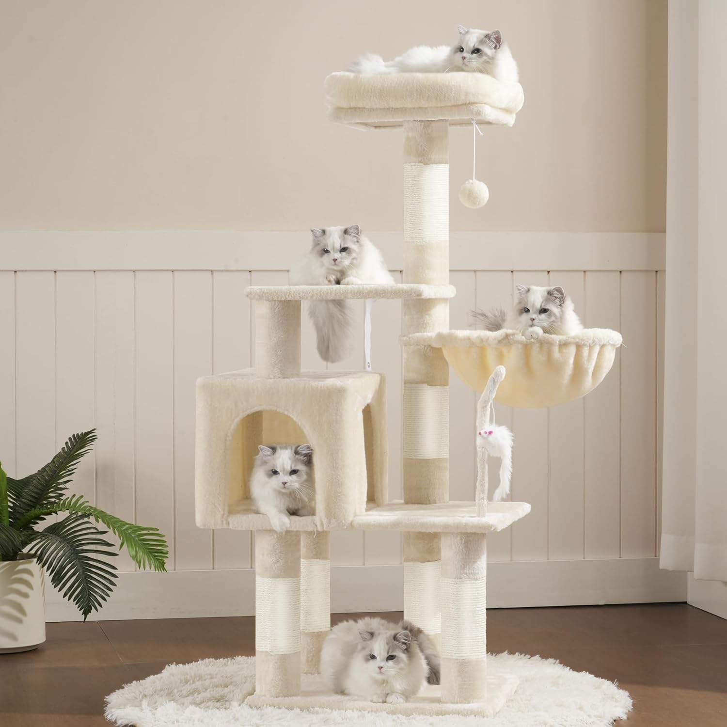 110cm Cat Tree with Toy, Cat Tower for Indoor Cats, Cat Play Tower with Padded Plush Perch, Cozy Hammock and Sisal Scratching Posts, Multi-Level House for Kittens, Light Gray