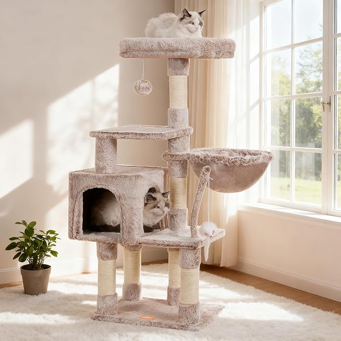 110cm Cat Tree with Toy, Cat Tower for Indoor Cats, Cat Play Tower with Padded Plush Perch, Cozy Hammock and Sisal Scratching Posts, Multi-Level House for Kittens, Light Gray