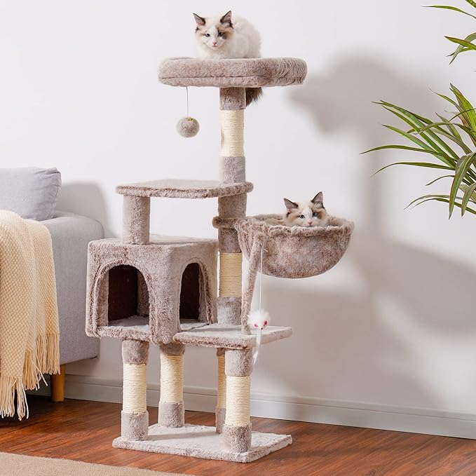 110cm Cat Tree with Toy, Cat Tower for Indoor Cats, Cat Play Tower with Padded Plush Perch, Cozy Hammock and Sisal Scratching Posts, Multi-Level House for Kittens, Light Gray