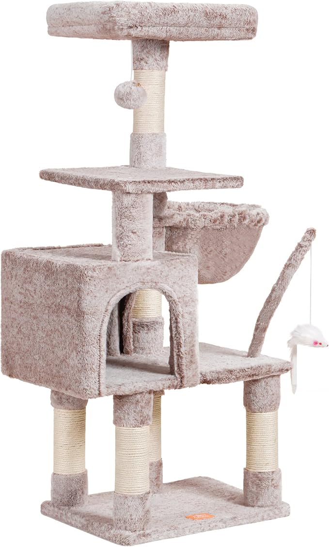 110cm Cat Tree with Toy, Cat Tower for Indoor Cats, Cat Play Tower with Padded Plush Perch, Cozy Hammock and Sisal Scratching Posts, Multi-Level House for Kittens, Light Gray