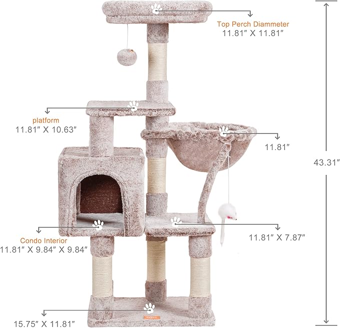 110cm Cat Tree with Toy, Cat Tower for Indoor Cats, Cat Play Tower with Padded Plush Perch, Cozy Hammock and Sisal Scratching Posts, Multi-Level House for Kittens, Light Gray