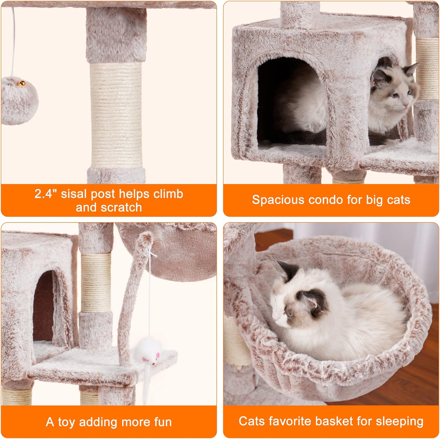 110cm Cat Tree with Toy, Cat Tower for Indoor Cats, Cat Play Tower with Padded Plush Perch, Cozy Hammock and Sisal Scratching Posts, Multi-Level House for Kittens, Light Gray