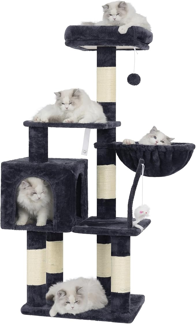 110cm Cat Tree with Toy, Cat Tower for Indoor Cats, Cat Play Tower with Padded Plush Perch, Cozy Hammock and Sisal Scratching Posts, Multi-Level House for Kittens, Light Gray