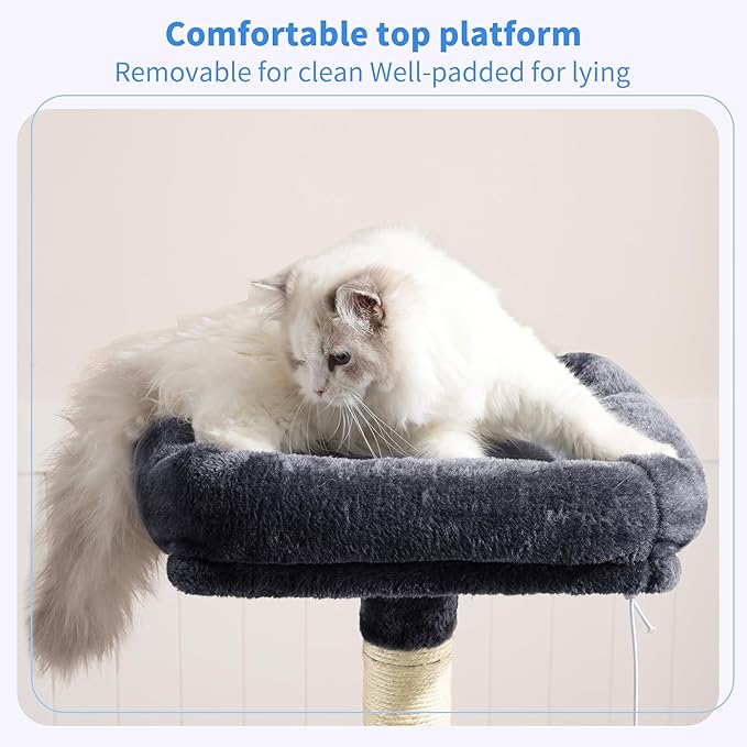 110cm Cat Tree with Toy, Cat Tower for Indoor Cats, Cat Play Tower with Padded Plush Perch, Cozy Hammock and Sisal Scratching Posts, Multi-Level House for Kittens, Light Gray
