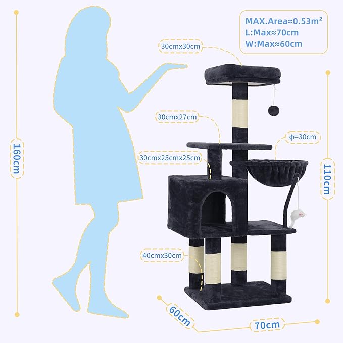 110cm Cat Tree with Toy, Cat Tower for Indoor Cats, Cat Play Tower with Padded Plush Perch, Cozy Hammock and Sisal Scratching Posts, Multi-Level House for Kittens, Light Gray