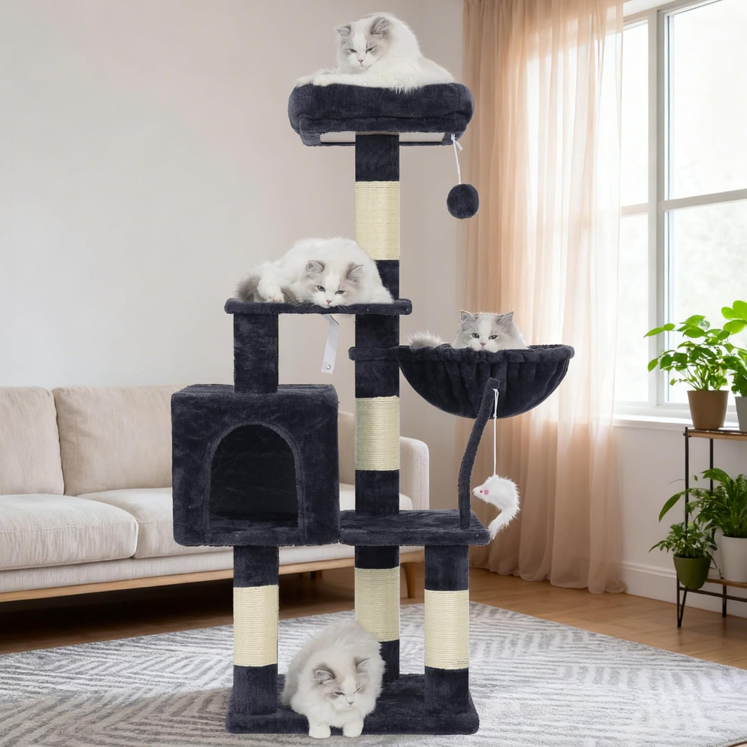 110cm Cat Tree with Toy, Cat Tower for Indoor Cats, Cat Play Tower with Padded Plush Perch, Cozy Hammock and Sisal Scratching Posts, Multi-Level House for Kittens, Light Gray