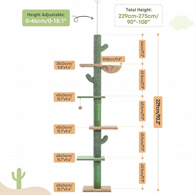 Cactus Cat Tree Four Tier Floor-to-Ceiling Cat Climbing Tower with Cozy Hammock, Cat Activity Center 9 Feet Green