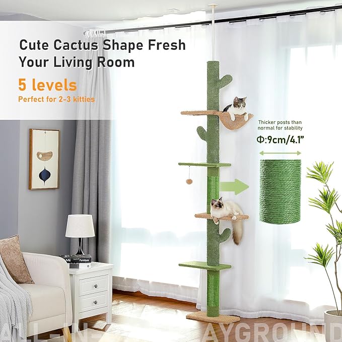 Cactus Cat Tree Four Tier Floor-to-Ceiling Cat Climbing Tower with Cozy Hammock, Cat Activity Center 9 Feet Green