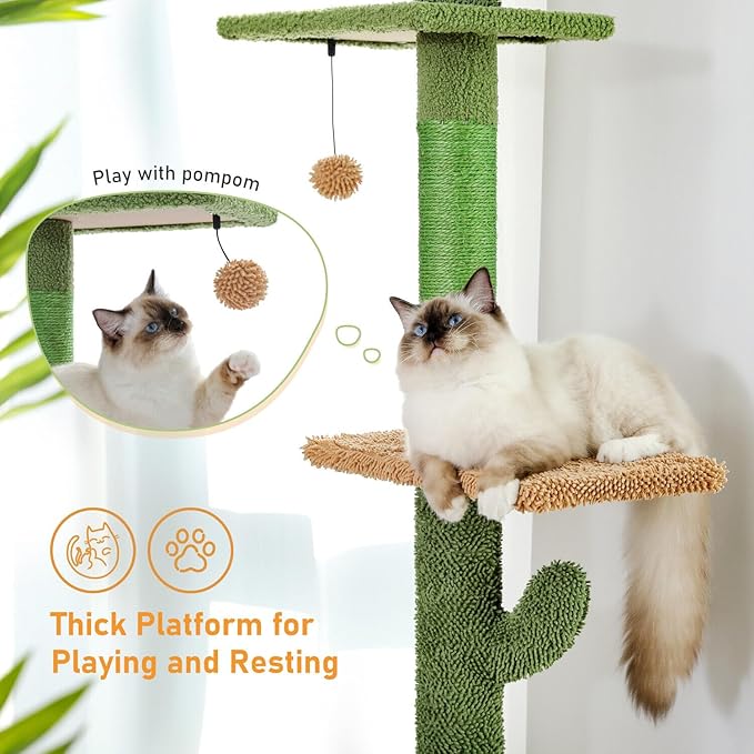 Cactus Cat Tree Four Tier Floor-to-Ceiling Cat Climbing Tower with Cozy Hammock, Cat Activity Center 9 Feet Green