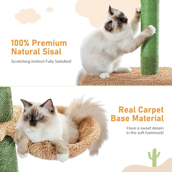 Cactus Cat Tree Four Tier Floor-to-Ceiling Cat Climbing Tower with Cozy Hammock, Cat Activity Center 9 Feet Green