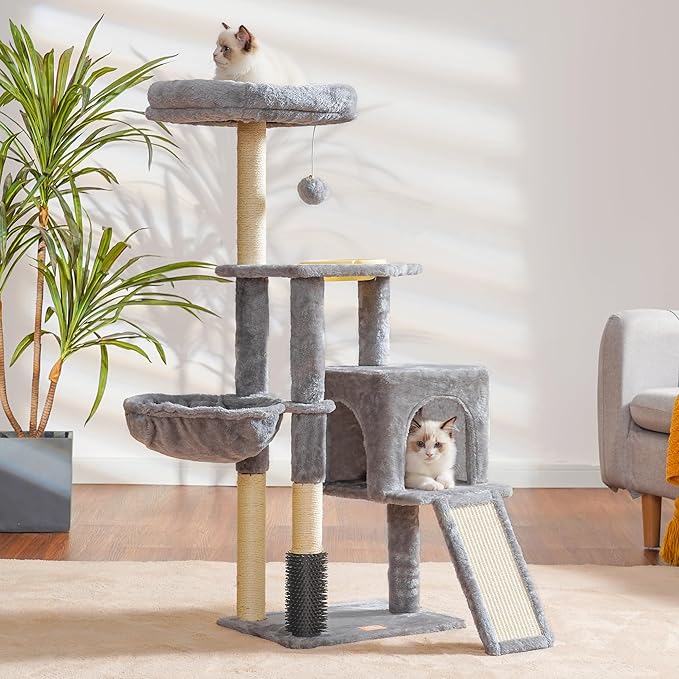 Cat Tree with Cat Self Groomer Brush, Cat Tower Condo for Indoor Cats with Padded Plush Perch,Cat House with Basket Scratching Board Post