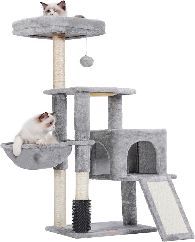 Cat Tree with Cat Self Groomer Brush, Cat Tower Condo for Indoor Cats with Padded Plush Perch,Cat House with Basket Scratching Board Post