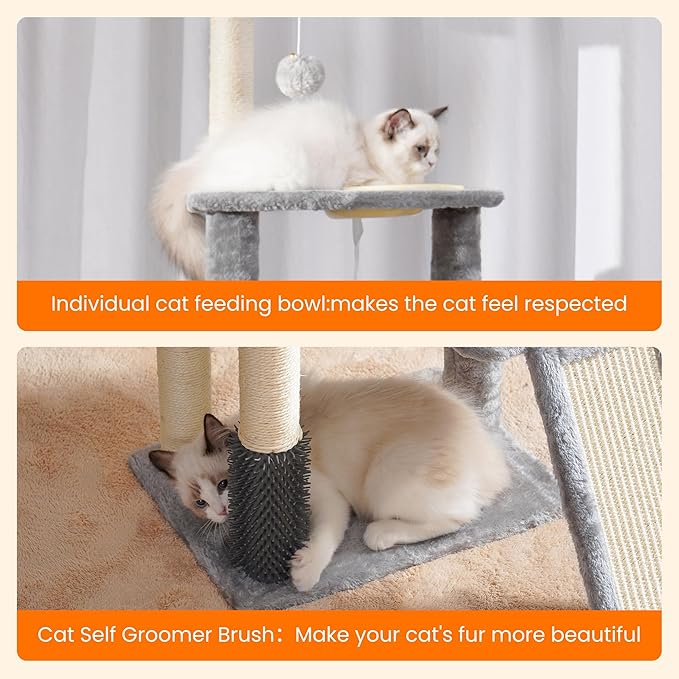 Cat Tree with Cat Self Groomer Brush, Cat Tower Condo for Indoor Cats with Padded Plush Perch,Cat House with Basket Scratching Board Post