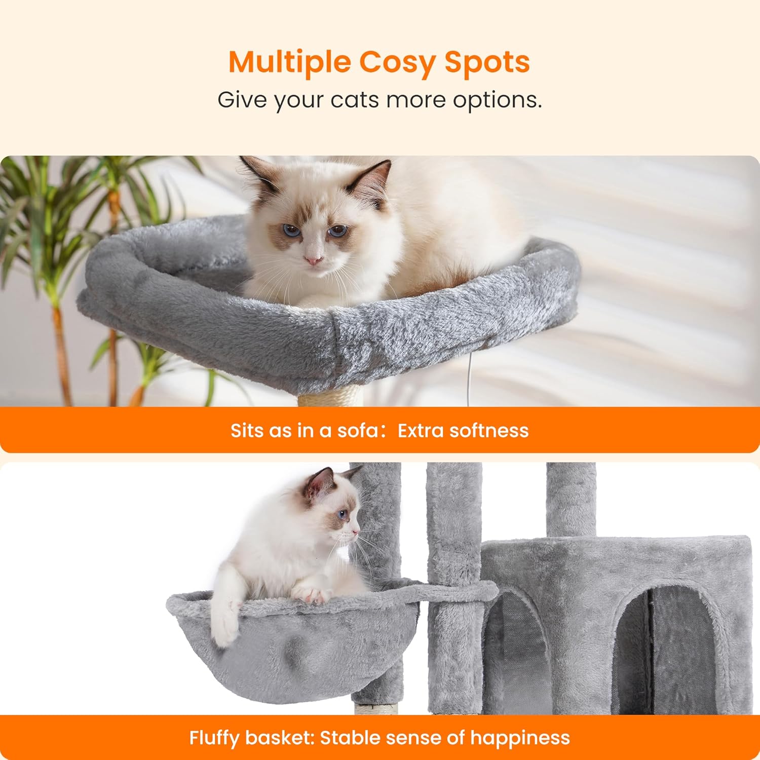 Cat Tree with Cat Self Groomer Brush, Cat Tower Condo for Indoor Cats with Padded Plush Perch,Cat House with Basket Scratching Board Post
