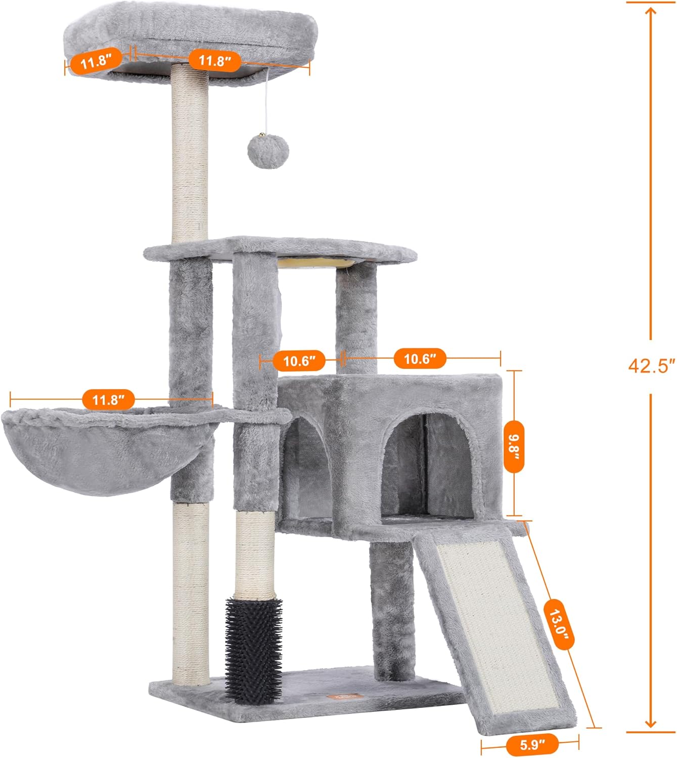 Cat Tree with Cat Self Groomer Brush, Cat Tower Condo for Indoor Cats with Padded Plush Perch,Cat House with Basket Scratching Board Post