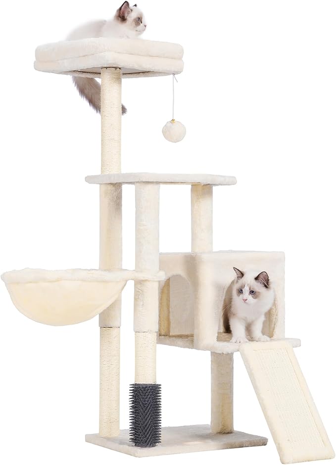 Cat Tree with Cat Self Groomer Brush, Cat Tower Condo for Indoor Cats with Padded Plush Perch,Cat House with Basket Scratching Board Post