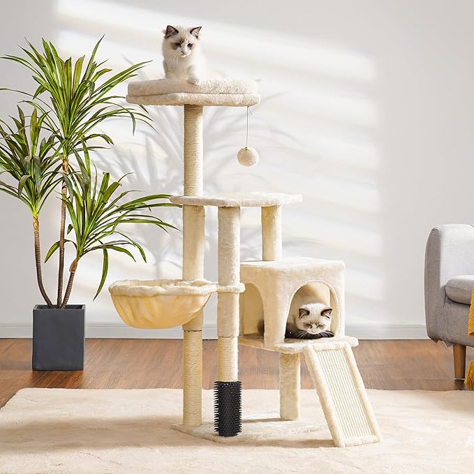 Cat Tree with Cat Self Groomer Brush, Cat Tower Condo for Indoor Cats with Padded Plush Perch,Cat House with Basket Scratching Board Post