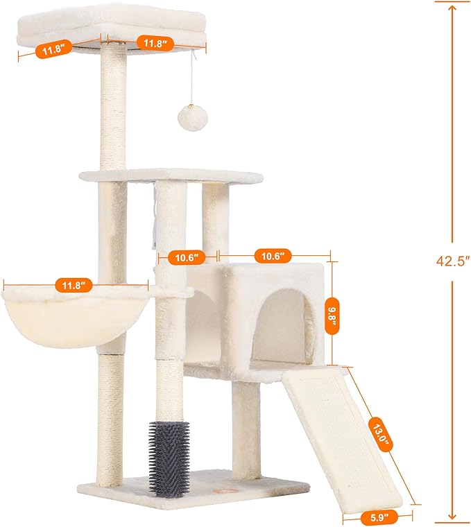 Cat Tree with Cat Self Groomer Brush, Cat Tower Condo for Indoor Cats with Padded Plush Perch,Cat House with Basket Scratching Board Post