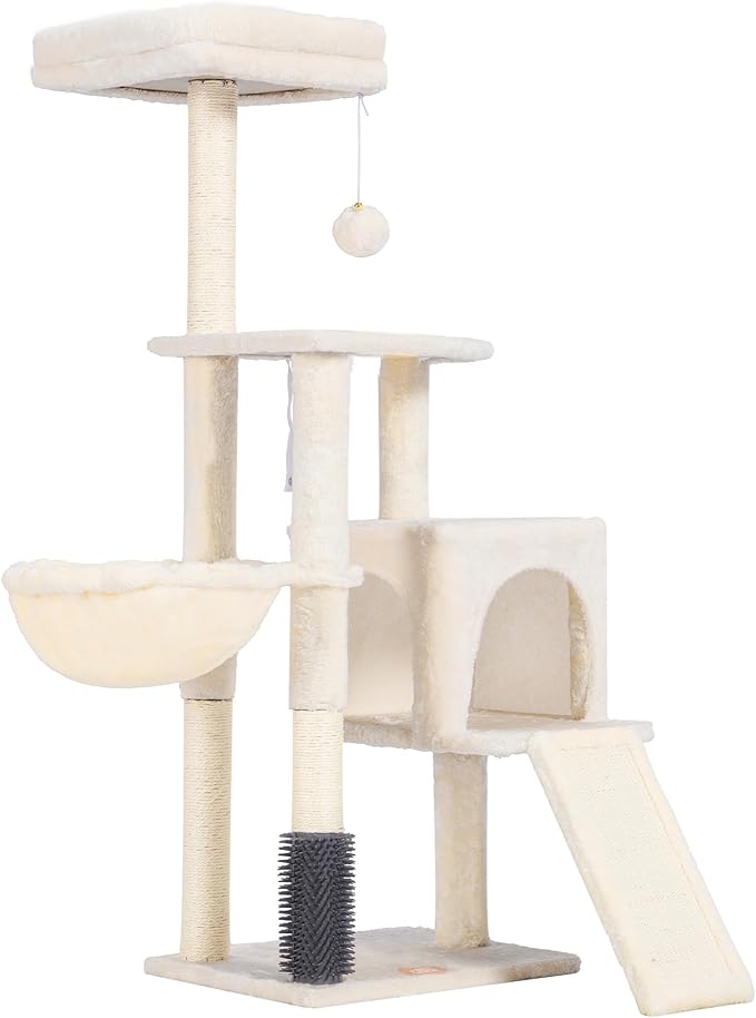 Cat Tree with Cat Self Groomer Brush, Cat Tower Condo for Indoor Cats with Padded Plush Perch,Cat House with Basket Scratching Board Post