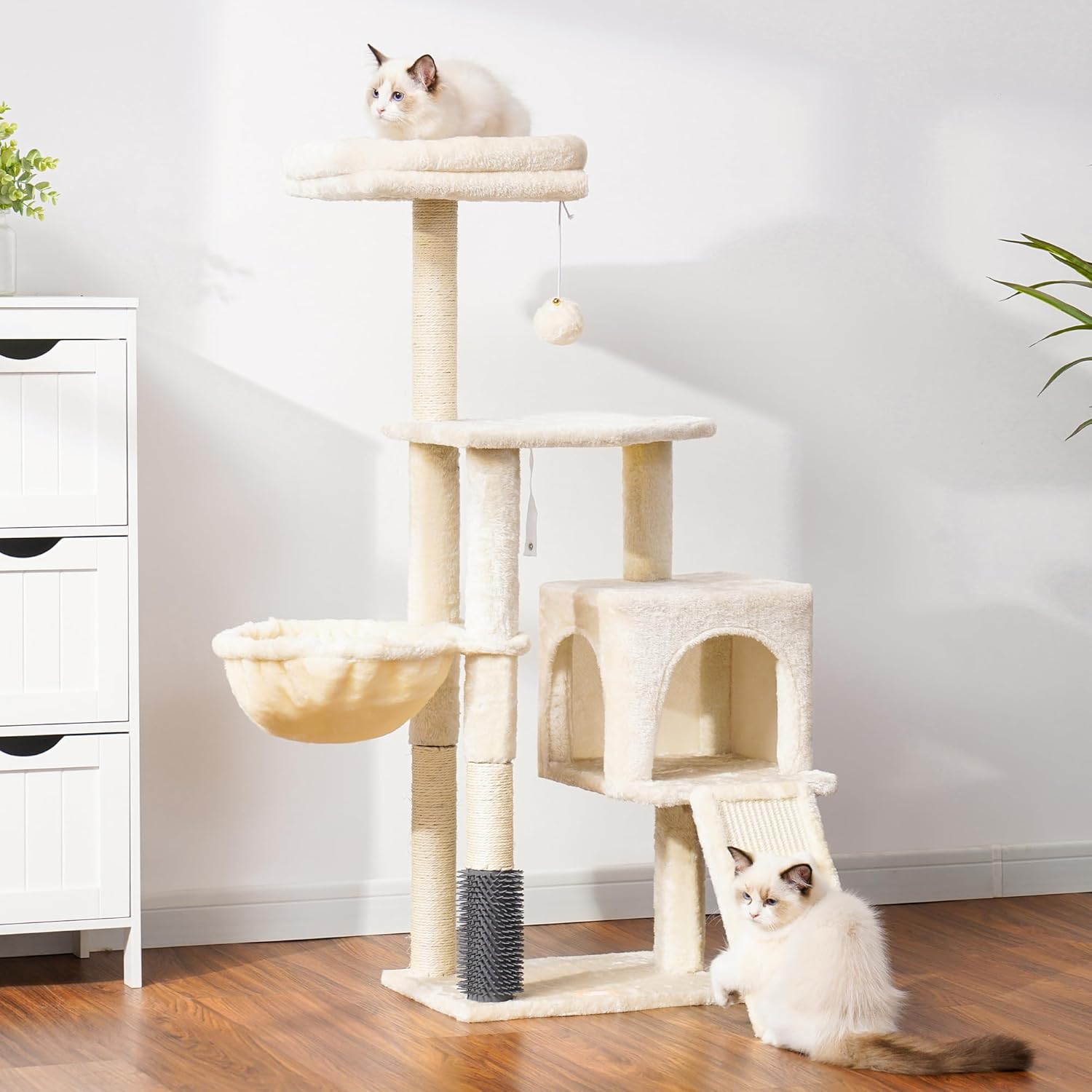 Cat Tree with Cat Self Groomer Brush, Cat Tower Condo for Indoor Cats with Padded Plush Perch,Cat House with Basket Scratching Board Post